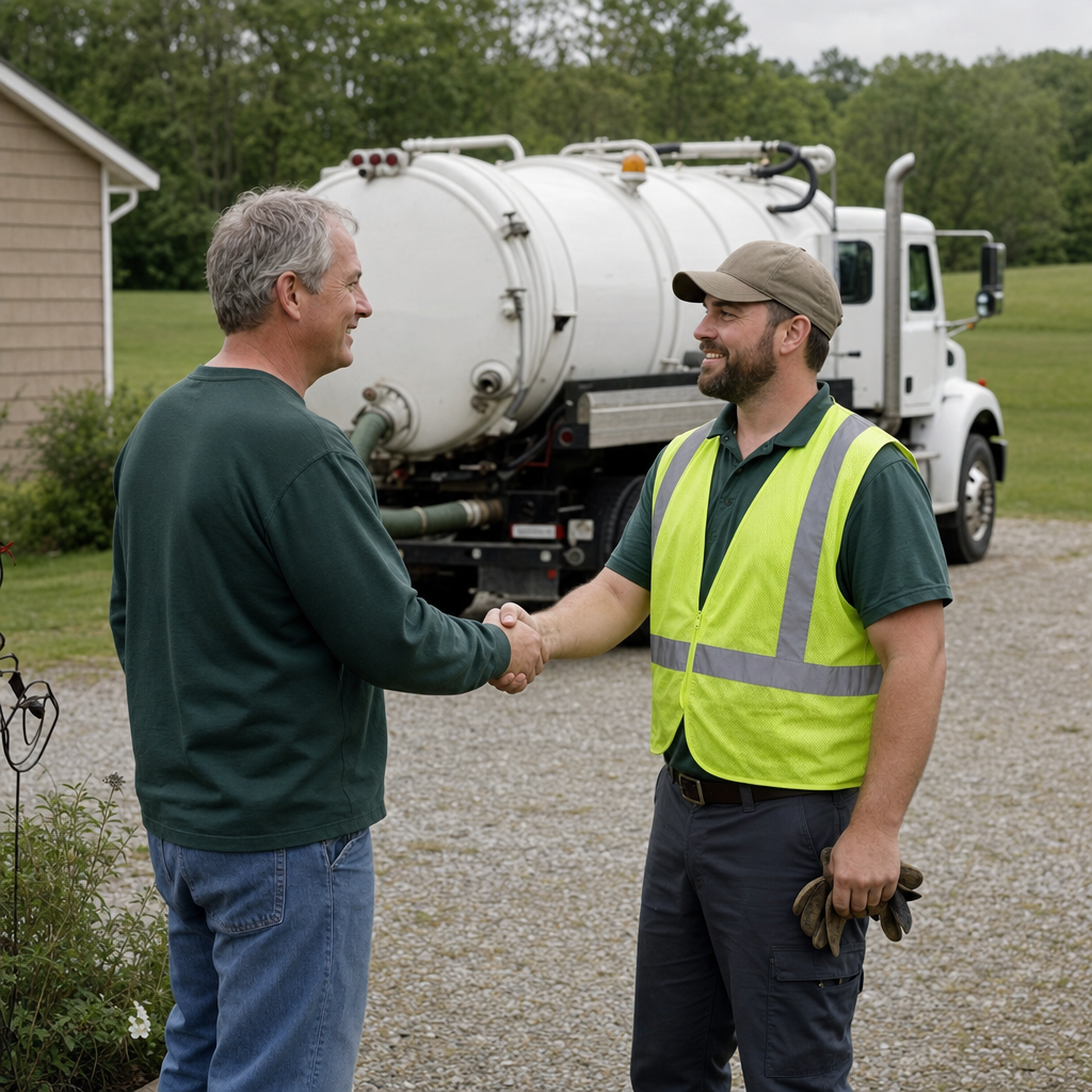 A septic technician shaking a Atlanta homeowner's hand beside the service truck after a completed pump-out