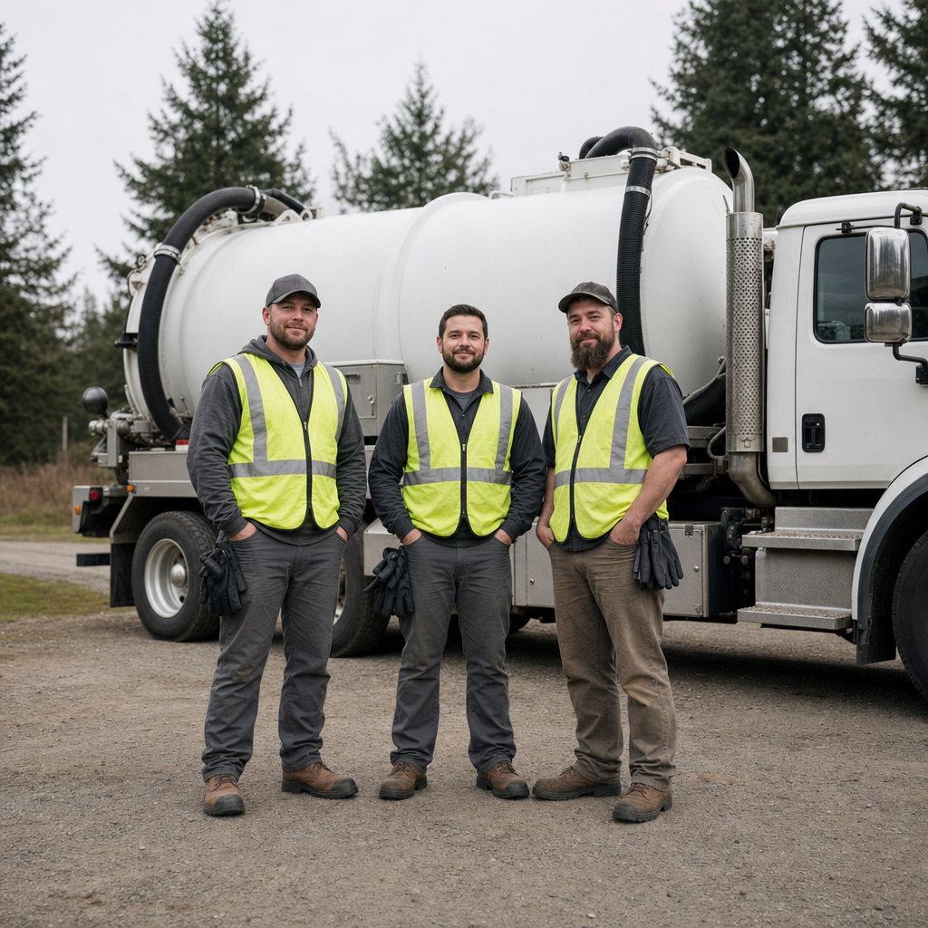 The Atlanta septic pumping crew standing together beside their clean white vacuum truck on a residential street