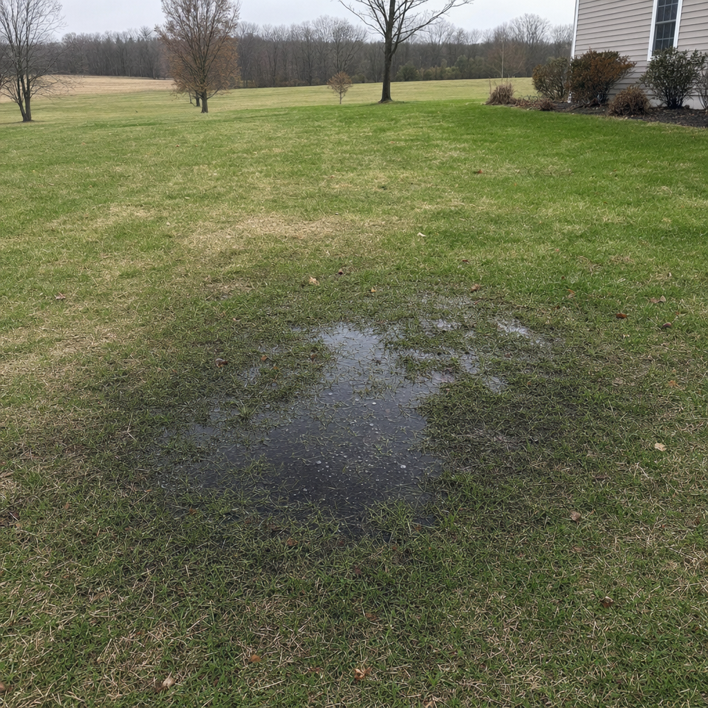 A dark, saturated wet spot in a Atlanta backyard lawn marking a failing cesspool at capacity