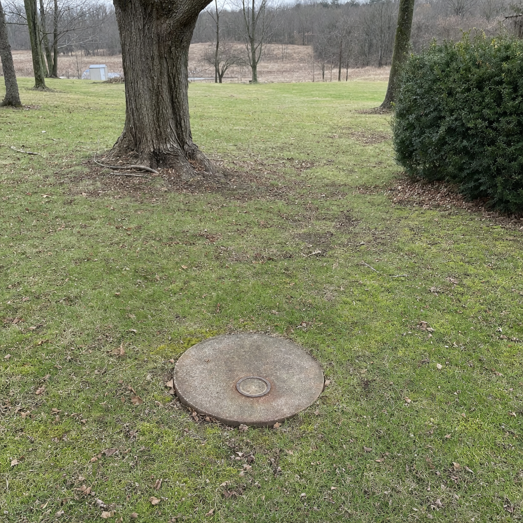 An older round cesspool access lid set flush in an established, mature Atlanta backyard lawn