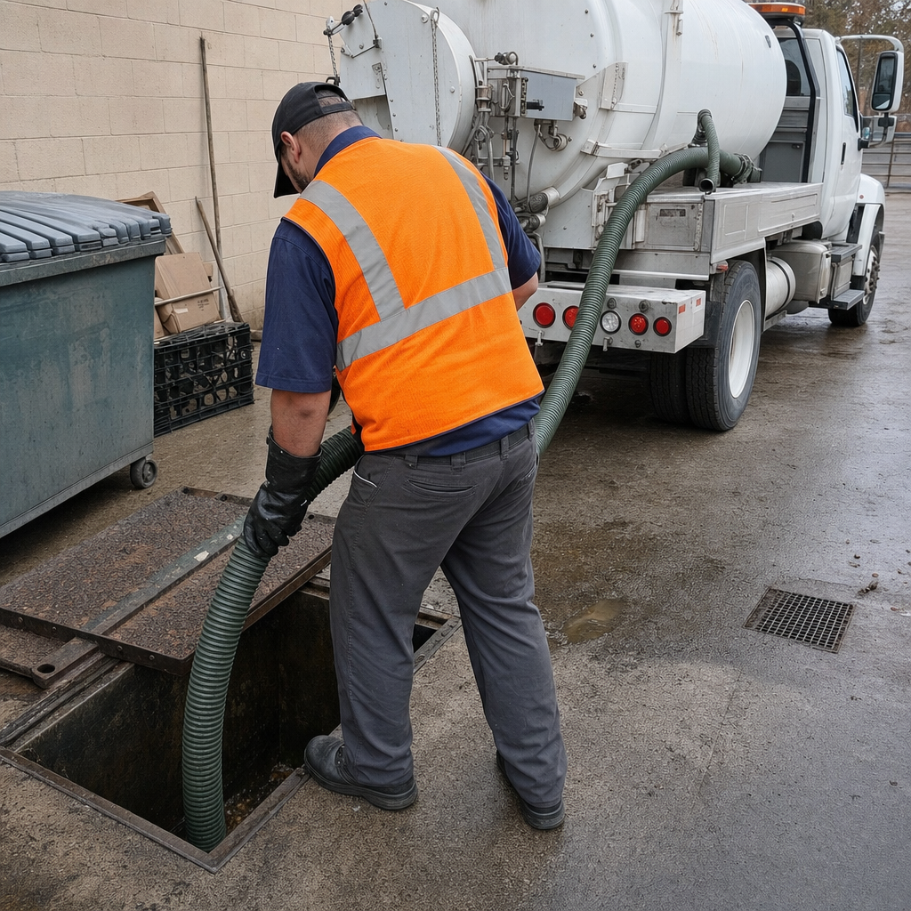 Technician pumping a grease trap behind a Atlanta restaurant