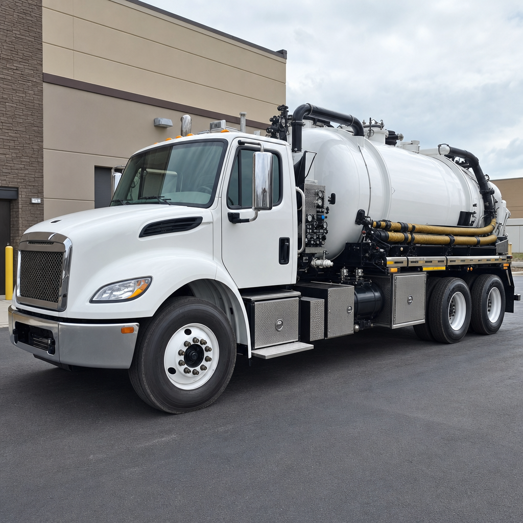 Commercial septic vacuum truck parked in a Atlanta business parking lot