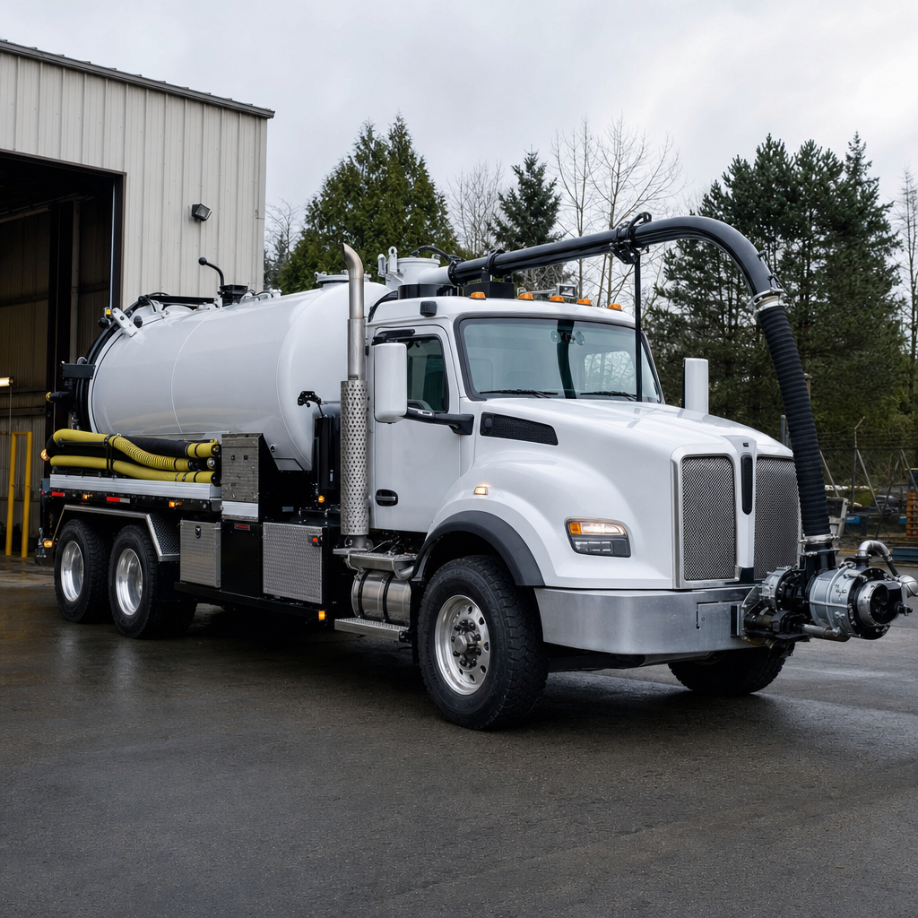 A clean white septic vacuum truck rolling out of a tidy Atlanta service depot at the start of the day