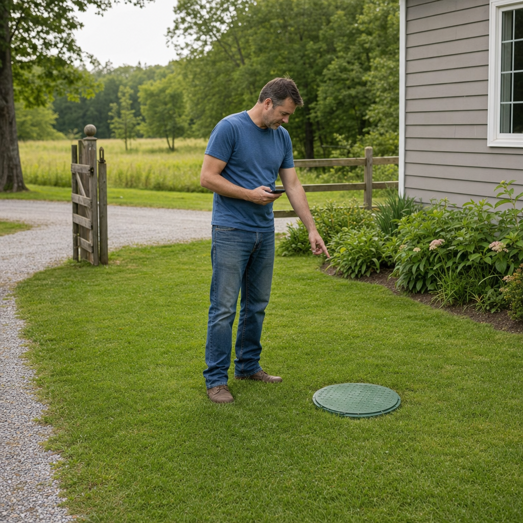 A Atlanta-area homeowner standing in the backyard noting where the septic tank lid and access route are located