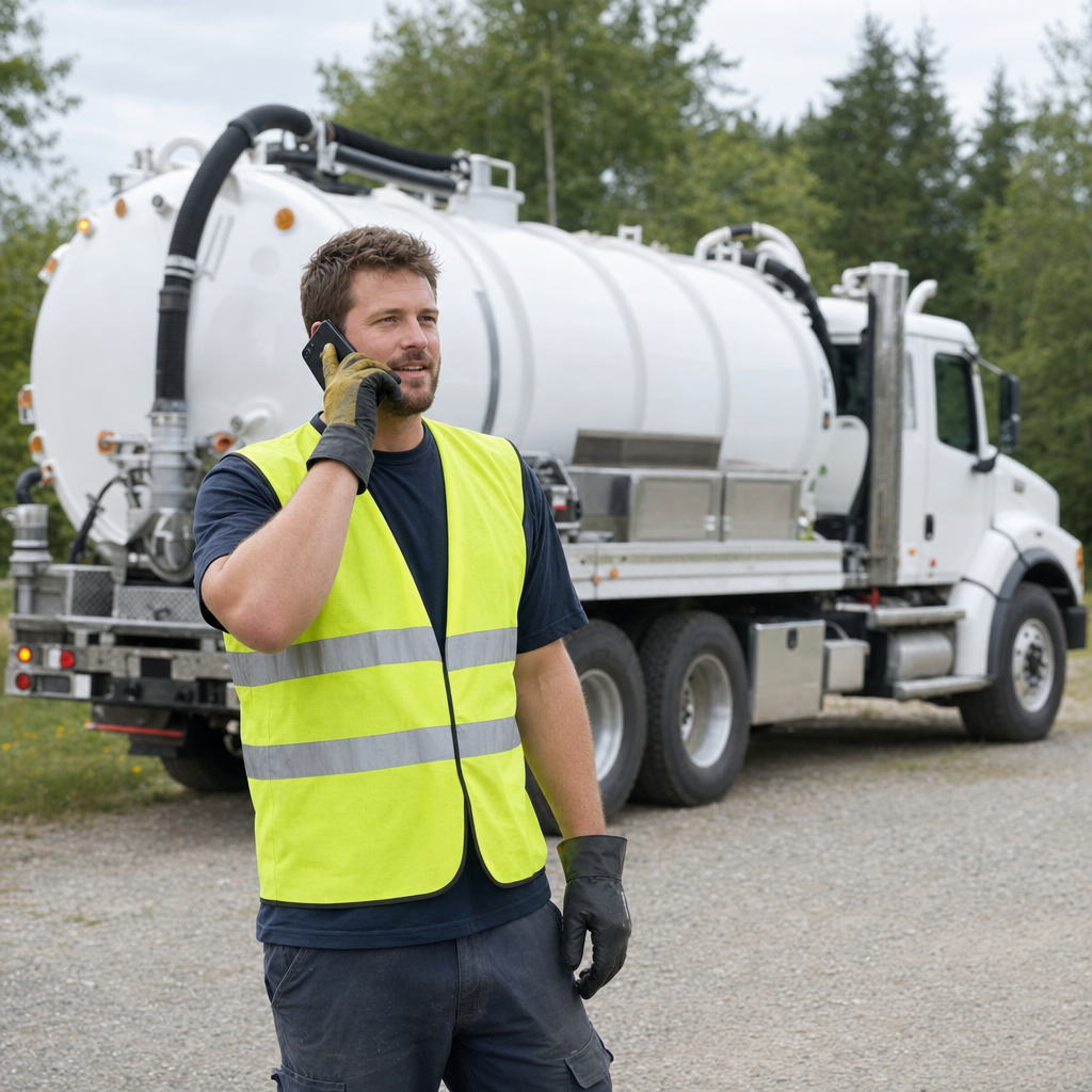 A friendly septic dispatcher holding a phone, ready to answer a Atlanta homeowner's call about a pump-out