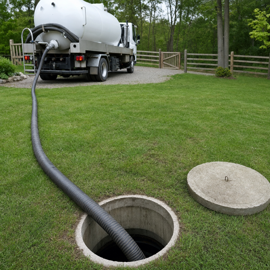 Suction hose connected to an open septic tank, drawing it down in a tidy Atlanta yard
