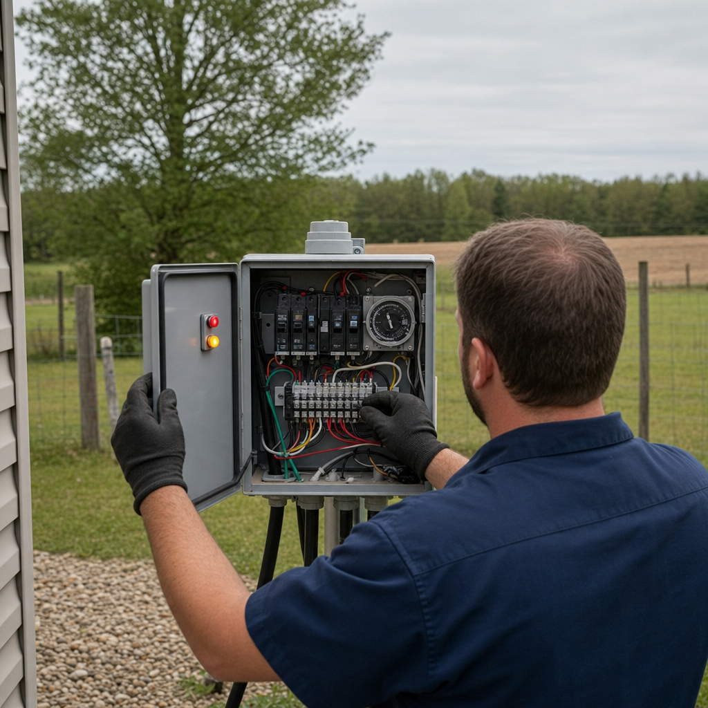 Technician checking an aerobic septic control box with a lit red high-water alarm during a same-day Atlanta visit