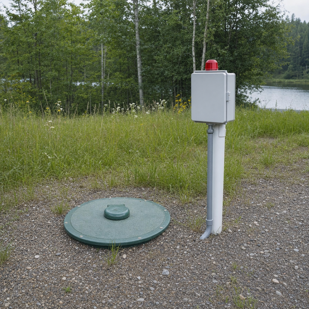 A wastewater holding tank access lid set in the ground at a rural Atlanta-area cabin, with a mounted high-level float alarm panel nearby