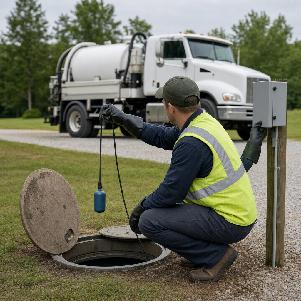 A septic technician in a high-visibility vest checking a high-level float switch and alarm panel on a holding tank at a rural Atlanta-area site