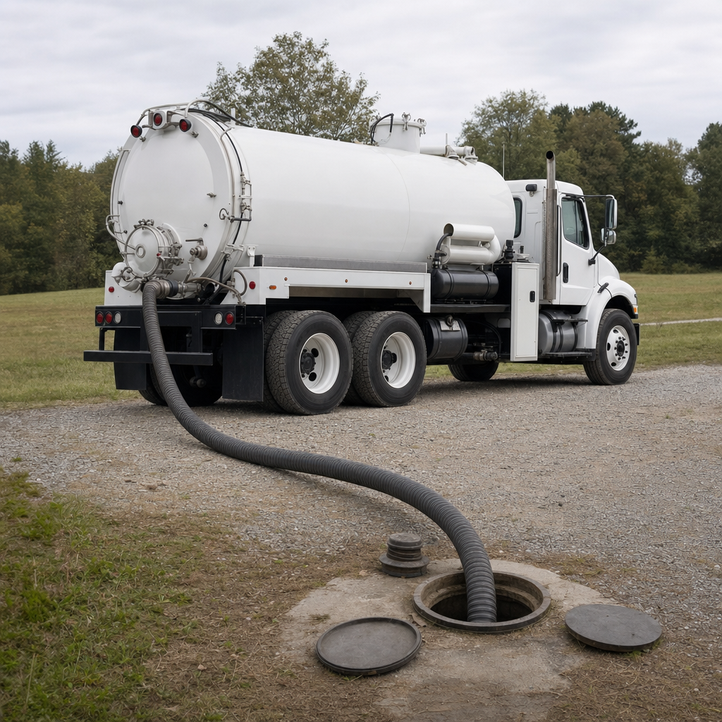 An unmarked white vacuum truck emptying a wastewater holding tank on a scheduled visit at a rural Atlanta-area property, thick suction hose running to the tank lid
