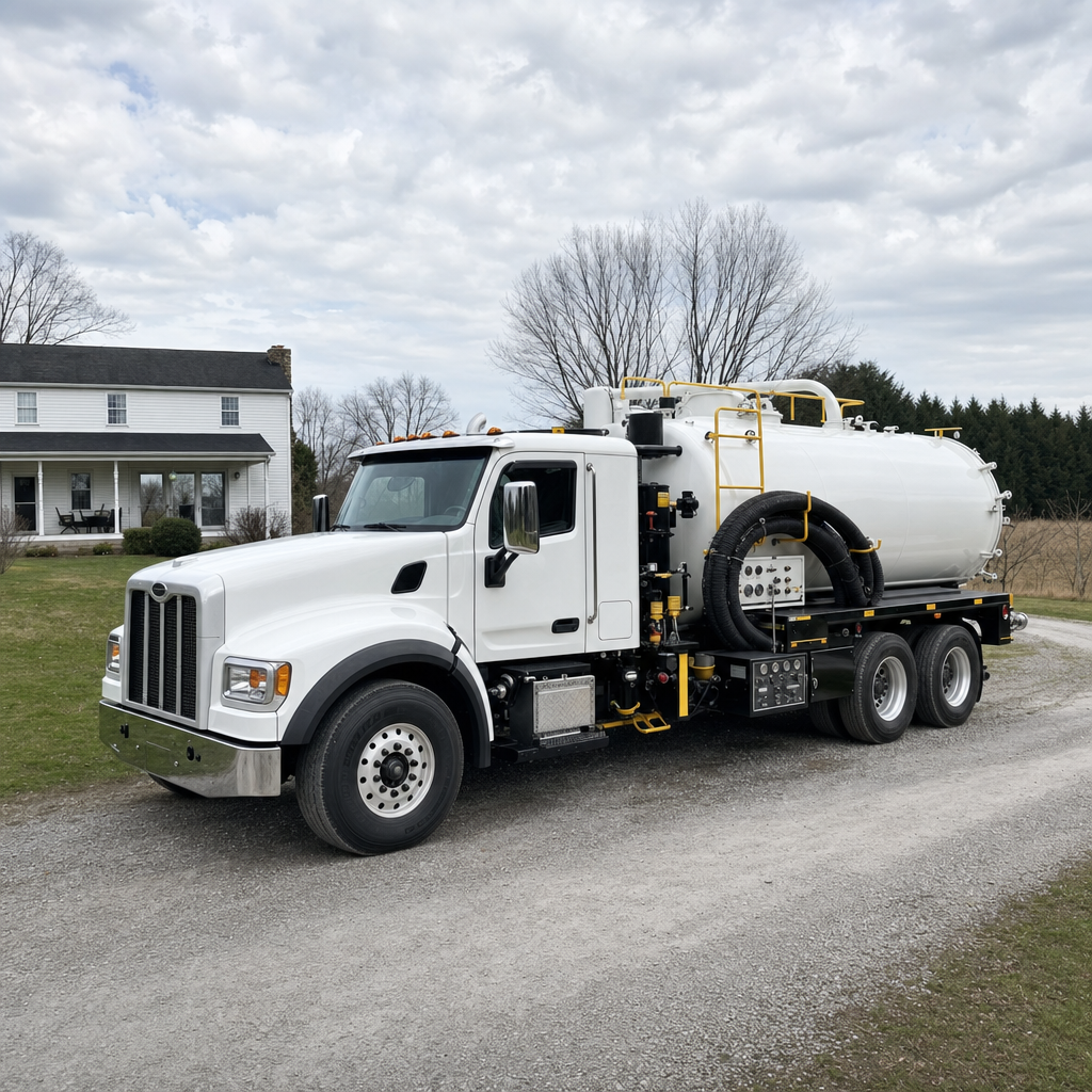 A clean white septic vacuum truck parked on a tidy Atlanta driveway with the suction hose neatly coiled