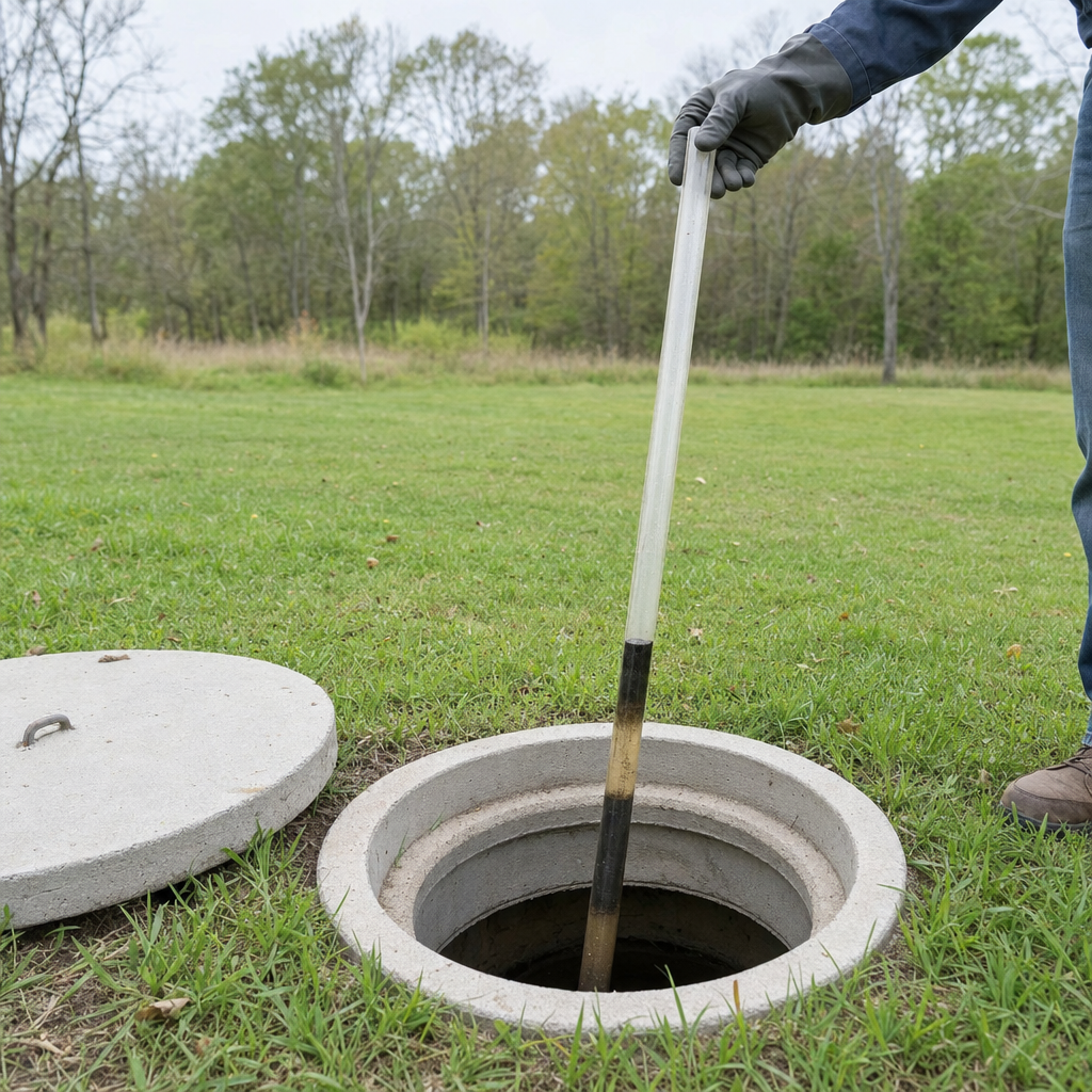 A septic sludge-judge measuring stick lowered into an open Atlanta septic tank to read the depth of the sludge and scum layers before deciding whether a pump-out is due