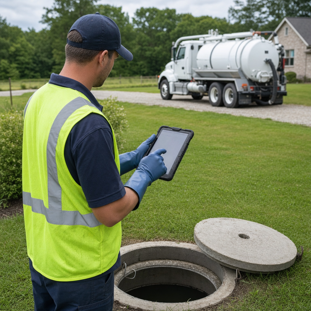 A septic technician recording a Atlanta home's pump-out date and tank condition on a tablet beside an open access lid, tracking the service history that sets the next due date