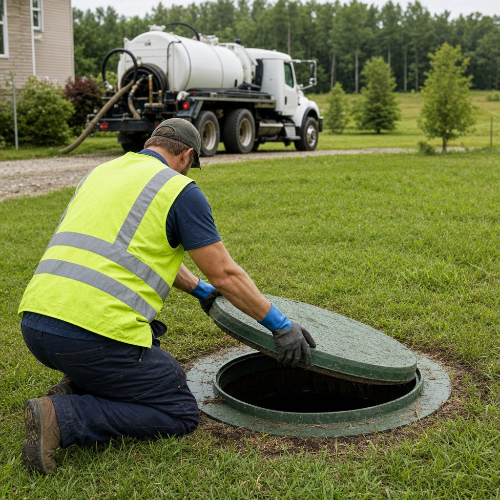 Septic technician kneeling on a Atlanta lawn, lifting the access lid on a residential septic tank
