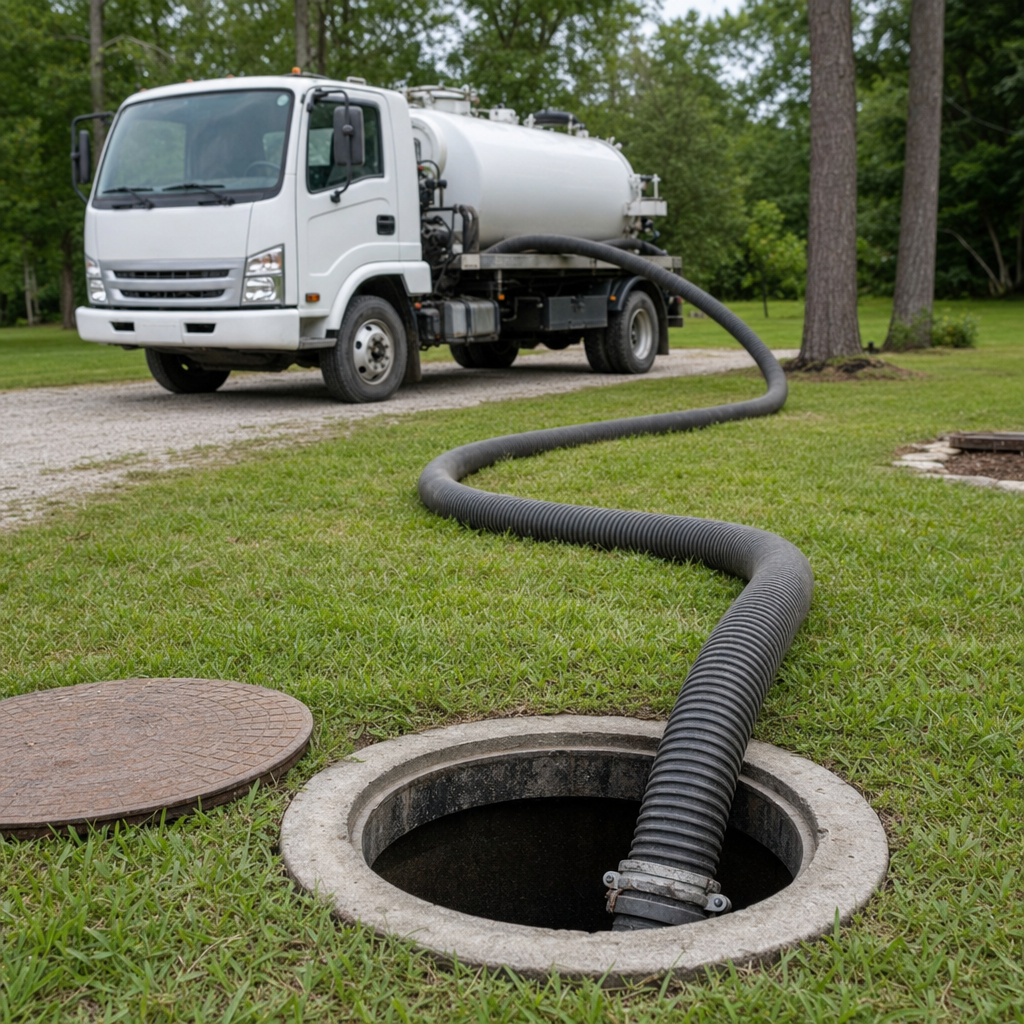 Thick ribbed suction hose lowered into a clean open septic tank port on a tidy Atlanta backyard lawn