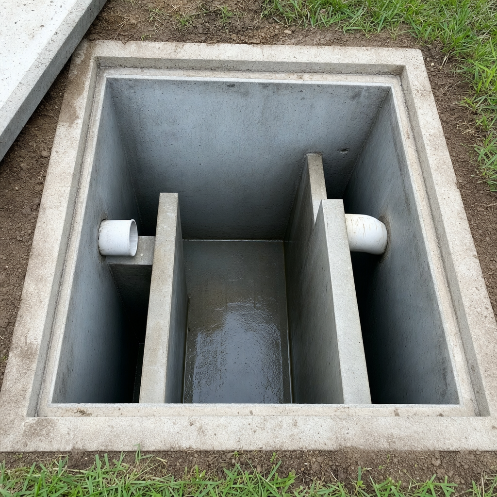 Inspection of the concrete baffles inside an open, emptied and freshly cleaned Atlanta septic tank