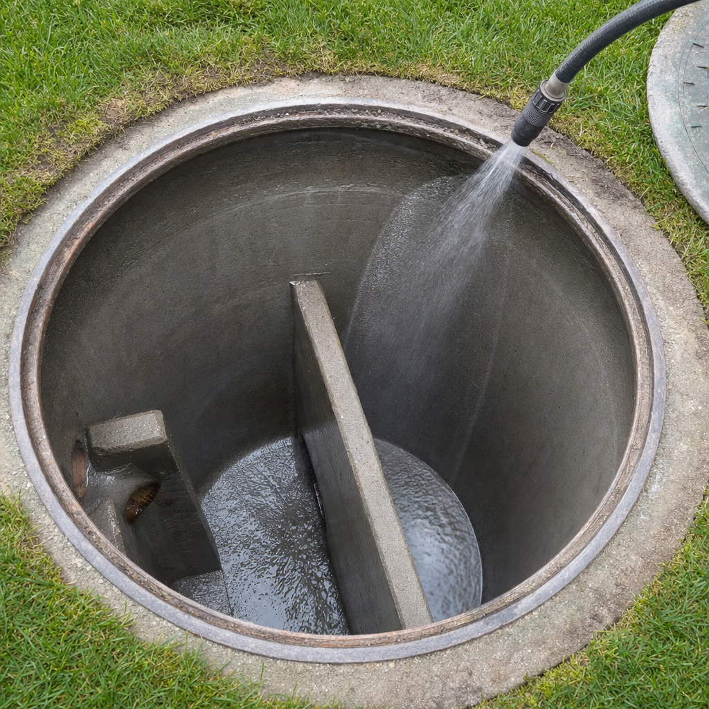 Interior concrete walls of an emptied Atlanta septic tank being rinsed clean with the truck's onboard water hose