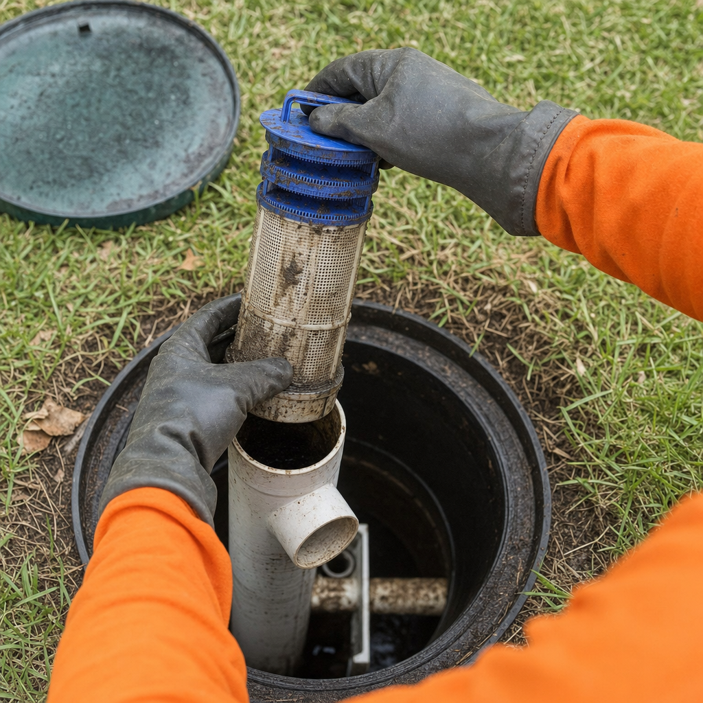 Septic technician's gloved hands lifting the effluent filter cartridge out of the outlet housing on a Atlanta septic tank