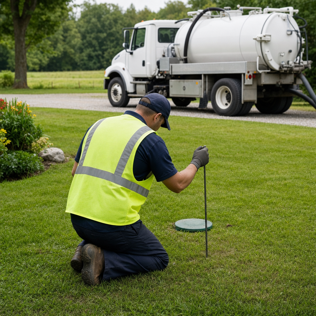 Septic technician kneeling on a Atlanta lawn, probing to locate and measure the depth of a buried septic tank lid before pumping