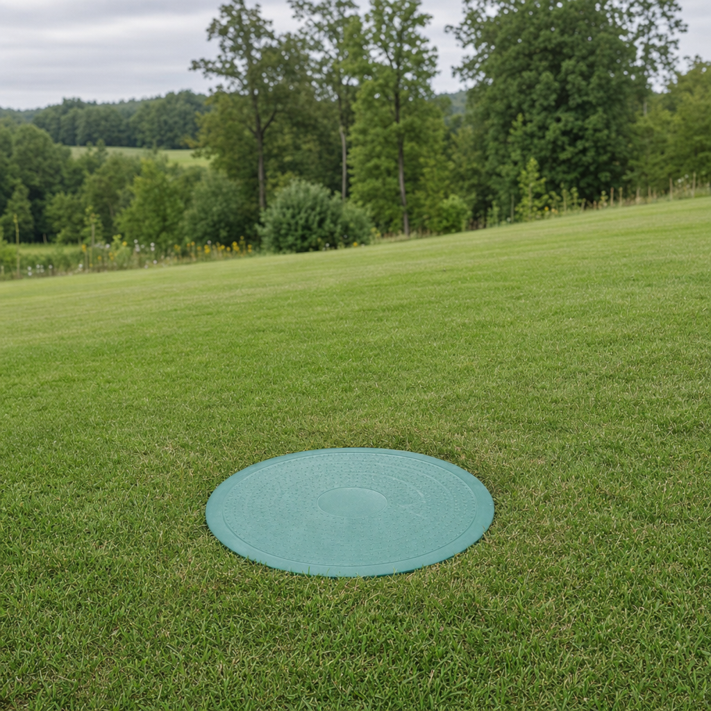 A newly installed septic riser bringing the tank lid up flush to grade in a Atlanta yard for easy future access