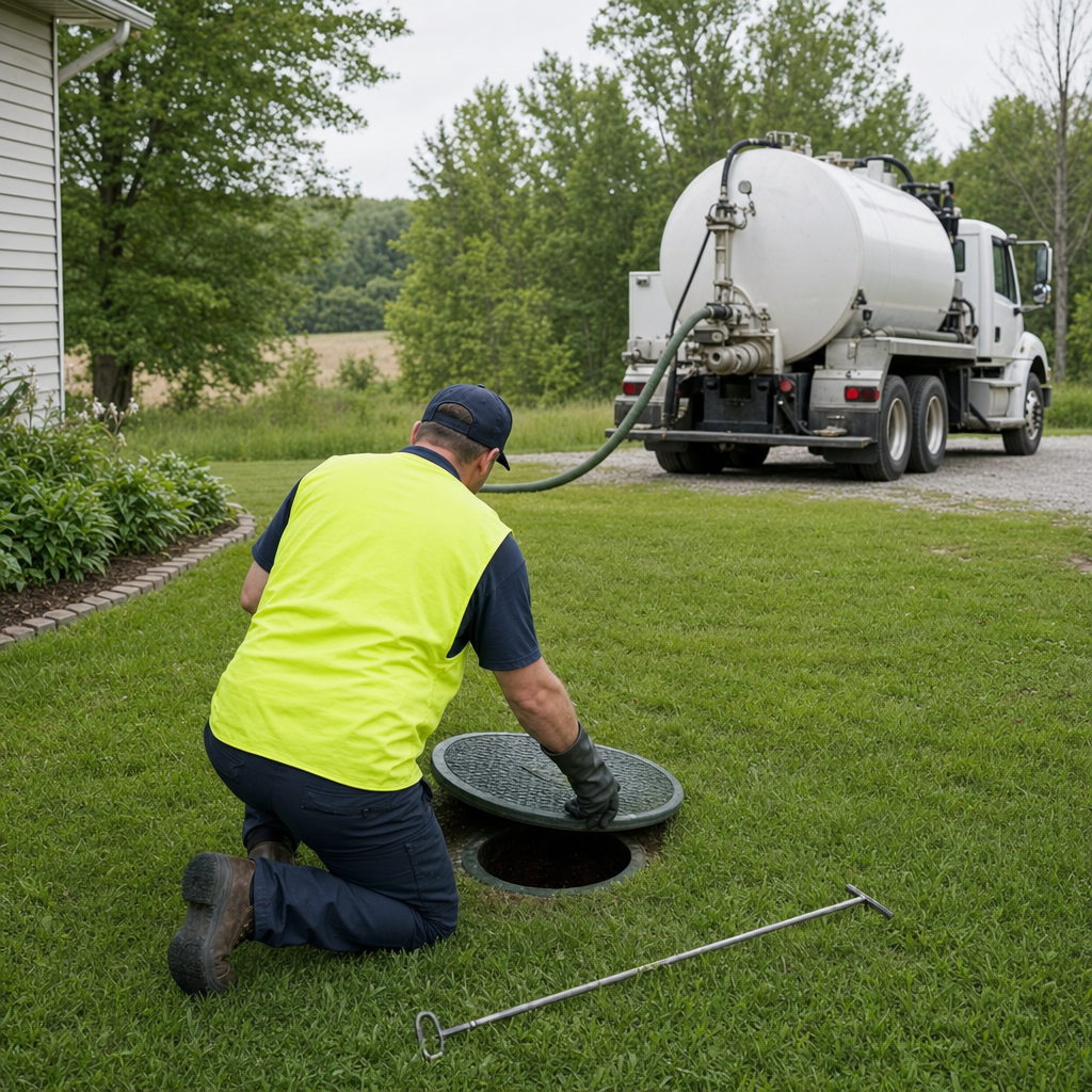 Septic technician kneeling on a Atlanta lawn, lifting the buried access lid on a residential septic tank