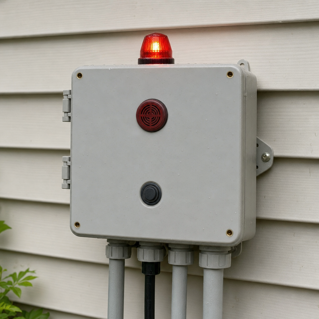 An aerobic septic system control panel mounted outside a Atlanta home with its red high-water alarm light lit
