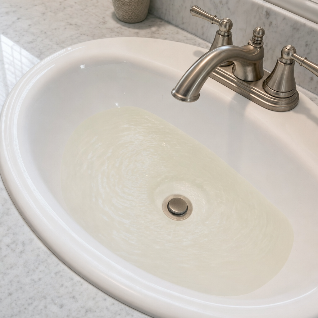 A bathroom sink draining slowly with water pooled in the basin, an early warning sign that a Atlanta septic tank is full